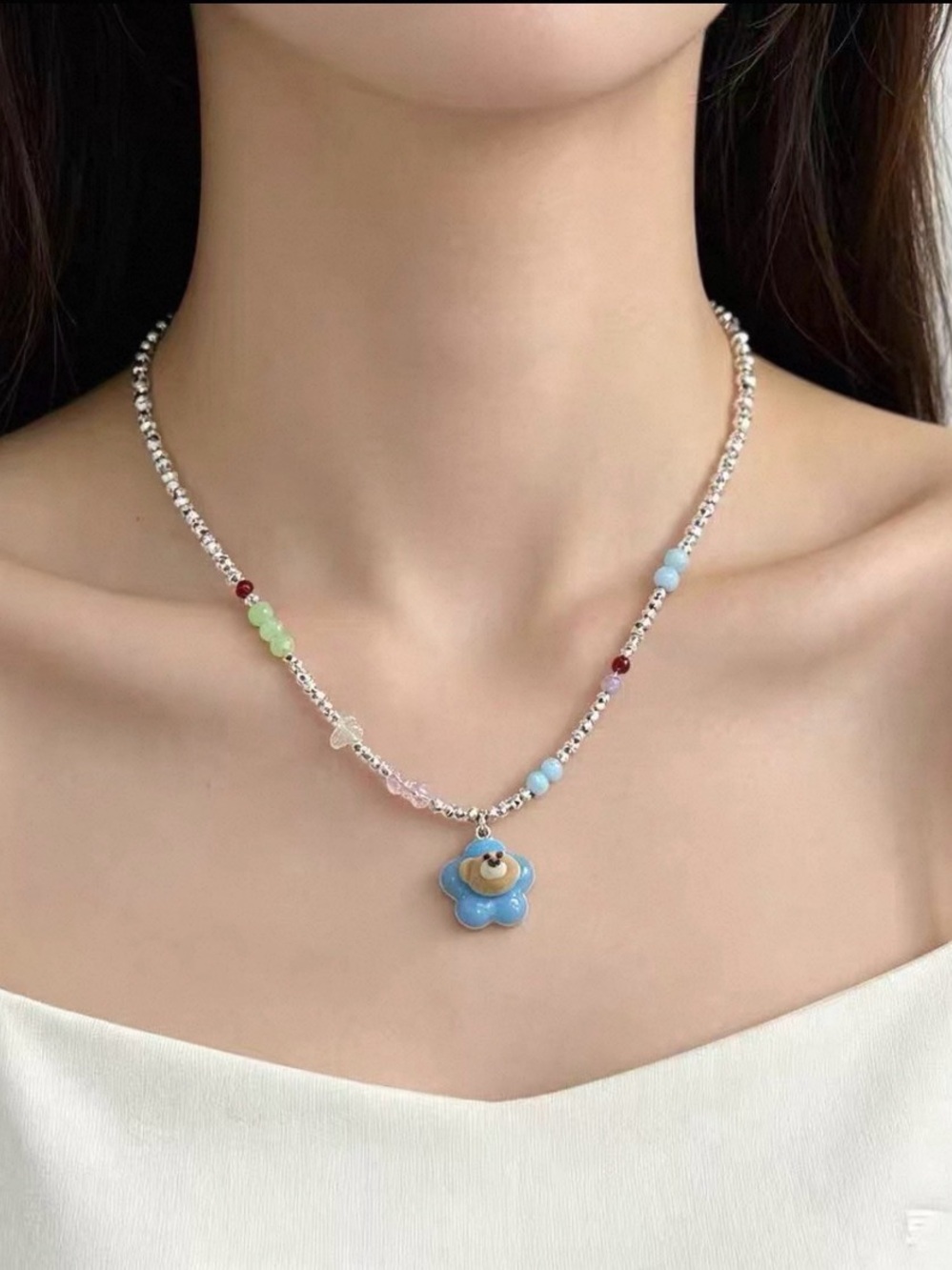 Korean ins sweet cool style colorful beaded bear pendant necklace